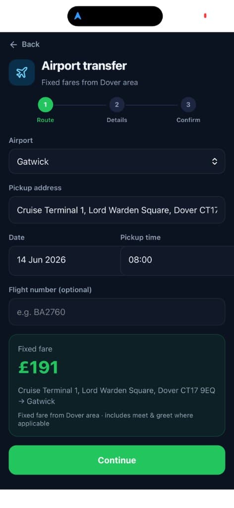 Book Dover to Gatwick airport transfer with fixed fare in the passenger app
