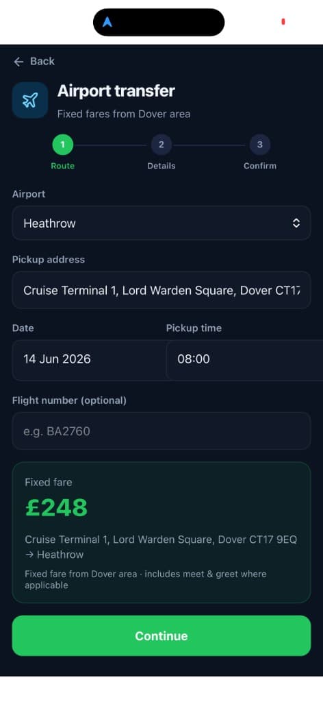 Book Dover cruise terminal to Heathrow transfer in the passenger app