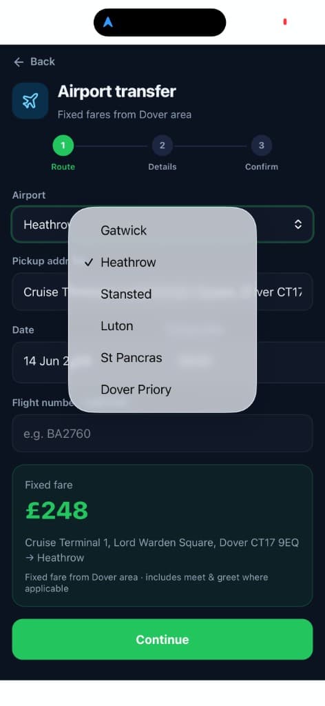 Choose Gatwick, Heathrow, Stansted or Luton in the RideConnect passenger app