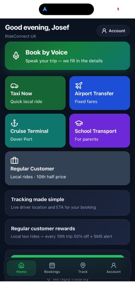 RideConnect UK passenger app home — book taxi, airport and cruise transfers